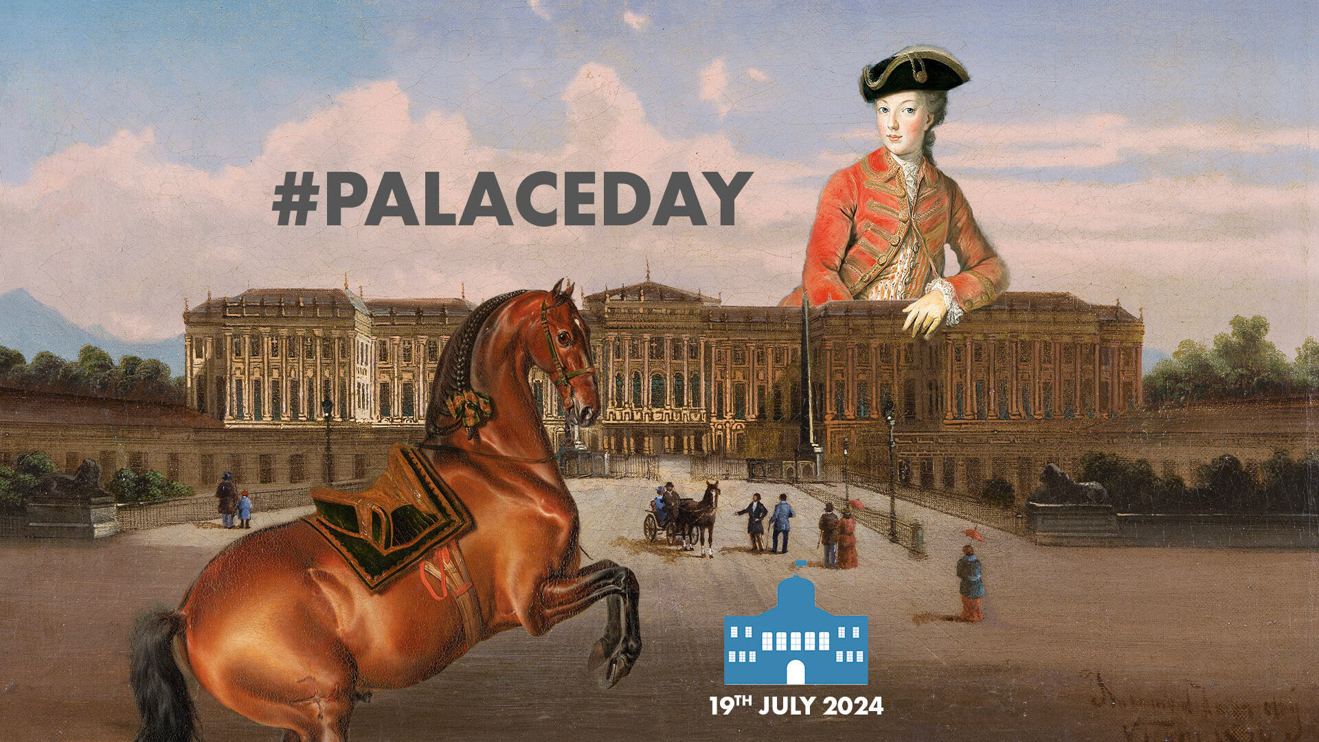 Painting of Schönbrunn Palace with a horse in the foreground and Maria Antonia leaning against the palace with the words #Palaceday next to her